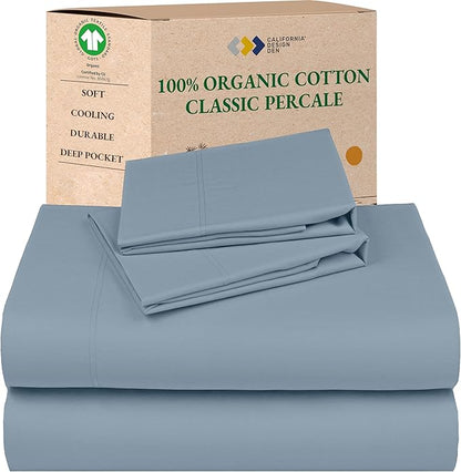 California Design Den Cal King Sheets Set - Soft 100% Organic Cotton Sheets with Deep Pockets, Crisp Percale, Breathable and Durable Bedding Set - Blue Hydrangea