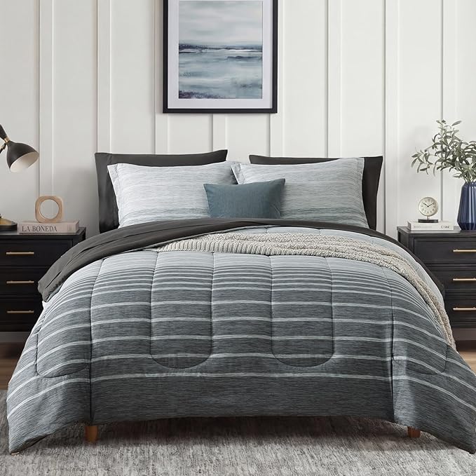 Monbix King Size Comforter Set - 7 Pieces Bed in a Bag King, Grey-Stripe Bedding Sets, All Seasons Comforter Bed Set with Sheets, Pillowcases & Shams