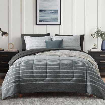 Monbix King Size Comforter Set - 7 Pieces Bed in a Bag King, Grey-Stripe Bedding Sets, All Seasons Comforter Bed Set with Sheets, Pillowcases & Shams