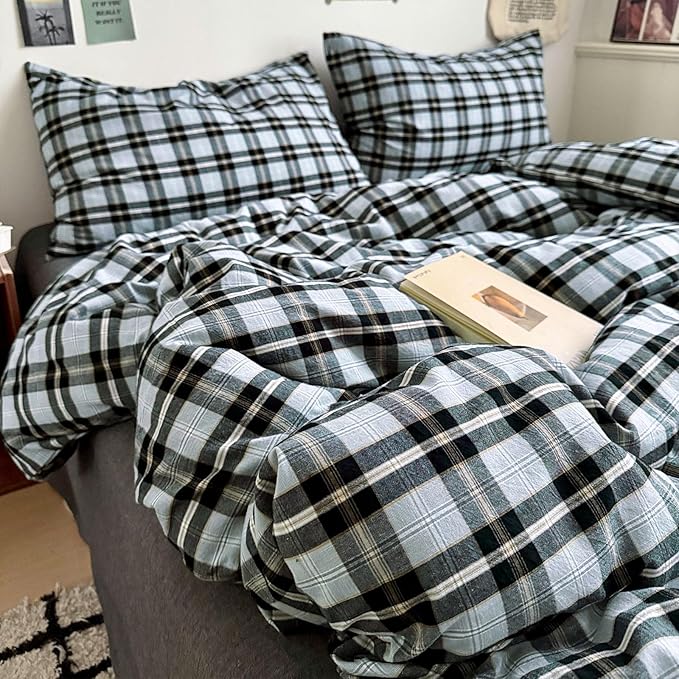 HighBuy Grey Gingham Comforter Set King Size,Plaid Grid Queen Comforter Set Grey Black Plaid Comforter Set with 2 Pillowcases,3 Pieces Vintage Fluffy Soft Farmhouse Checkered Grid Bedding Set