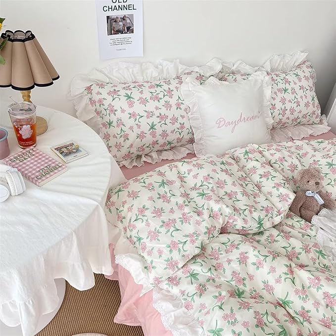 MKXI Fresh Green Floral & Leaf Comforter King Size - 3 Piece Pastoral Style Comforter Set with White Lace Ruffle Edge Soft Aesthetic Floral Bedding Set with 2 Pillow Shams for Teen Girls