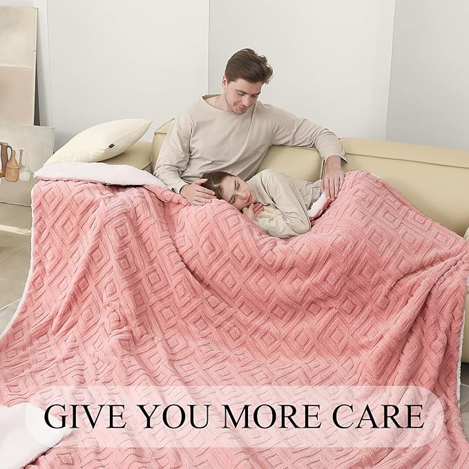 Electric Heated Blanket, 3D Pattern Design, Queen Size Heated Blanket Soft Warming Plush Electric Blanket Sherpa with Heating Levels & 10 Hours Auto Off, Machine Washable, Pink, YCDM-EB8490