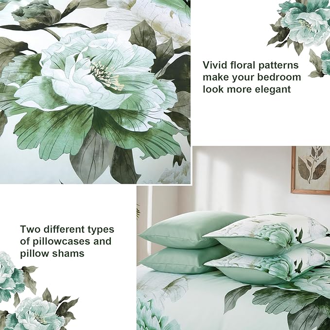 Dobuyly Green Comforter Set King Size 7 Piece Bed in a Bag King, Sage Green Floral Printed Comforter Set with Sheets, Soft Microfiber Botanical Flower Complete Bedding Set for All Season