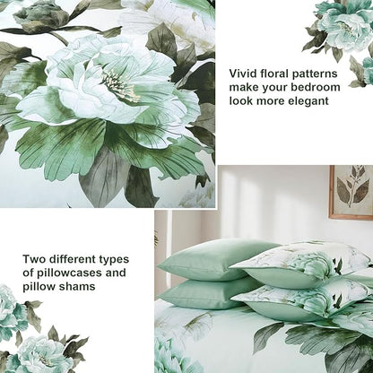 Dobuyly Green Queen Comforter Set 7 Piece Bed in a Bag Queen, Sage Green Floral Printed Comforter Set with Sheets, Soft Microfiber Botanical Flower Complete Bedding Set for All Season