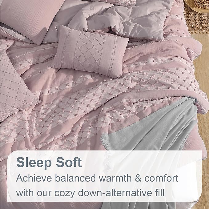 Swift Home Layla 100% Cotton Washed Clip Jacquard Gauze 5-Piece Bedding Comforter Set, All Season & Breathable, Oeko-TEX Certified – Hushed Blush, King