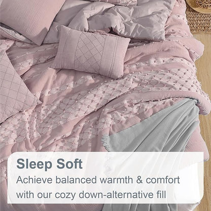 Swift Home Layla 100% Cotton Washed Clip Jacquard Gauze 5-Piece Bedding Comforter Set, All Season & Breathable, Oeko-TEX Certified – Hushed Blush, King