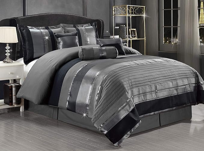 Grand Linen - 7-Piece (California) Cal King Size Chenille/Woven Jacquard Bedding Grey/Gray Silver Stripe Overize Comforter Set Bed in a Bag