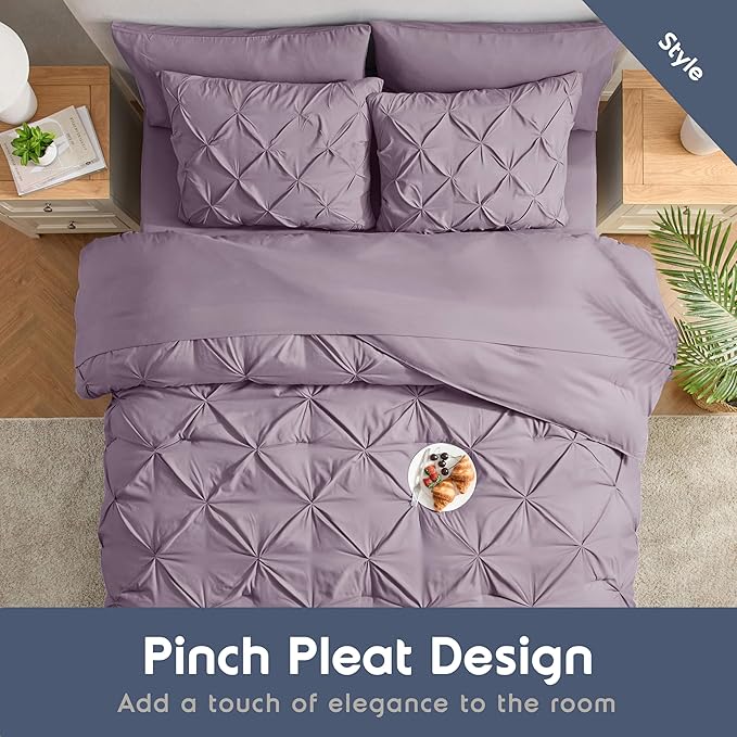 Nestl 7-Piece Pinch Pleated Comforter Set - Dusty Purple, King Size, All Season, Bed in a Bag, Includes Flat & Fitted Sheets, Pillowcases & Shams
