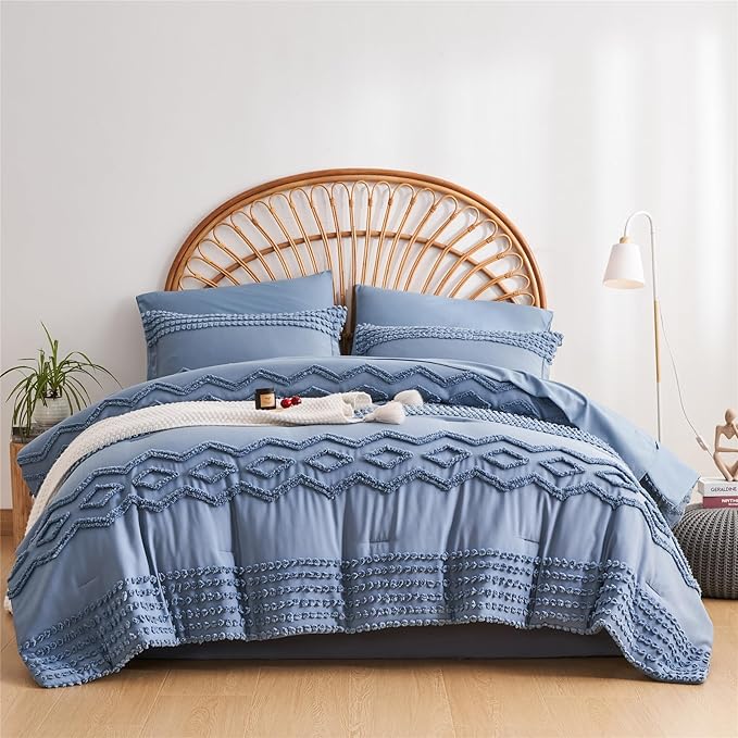 KAKIJUMN Blue Tufted Comforter Set Full Size 7 Piece Bed in a Bag, Shabby Chic Boho Comforter and Sheet Set, Pom Pom Textured Bed Set, All Season Soft Microfiber Complete Bedding Set(Blue,Full)