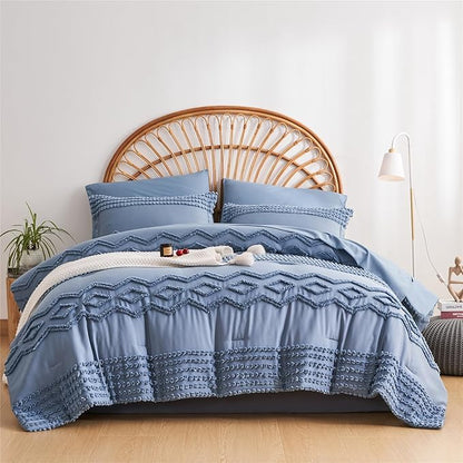 KAKIJUMN Blue Tufted Comforter Set Full Size 7 Piece Bed in a Bag, Shabby Chic Boho Comforter and Sheet Set, Pom Pom Textured Bed Set, All Season Soft Microfiber Complete Bedding Set(Blue,Full)