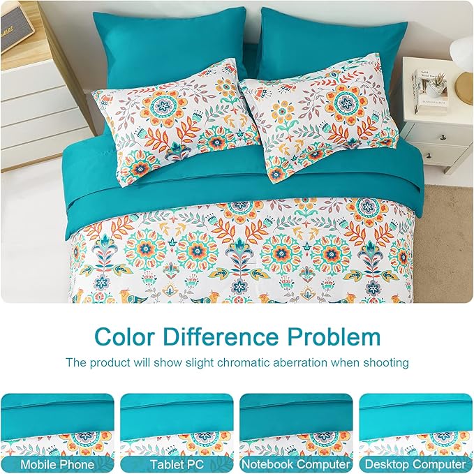 Boho Comforter Set King - 7 Pieces Bed in a Bag Floral Medallions Design, Bohemian Comforter Set with Sheets, Soft Microfiber Complete Bedding Sets All Season (Teal Blue, King)
