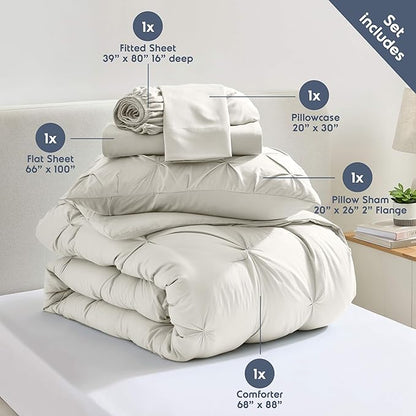 Nestl Twin XL Comforter Set 5 Piece, Pintuck Twin XL Bedding Set Off White, College Dorm Room Essentials Bed in a Bag, Twin XL Comforter Set for College Girls and Boys with Sheets, Pillowcase and Sham