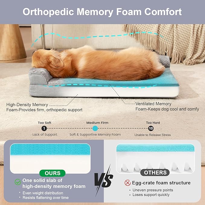 Orthopedic Dog Beds for Large Dogs, Memory Foam Dog Beds Large Sized Dogs, Washable Removable Cover, Nonskid Bottom, Waterproof, for Indoor, Outdoor, Crate ＆ Car Use, 44x32x6 Inches, Light Grey