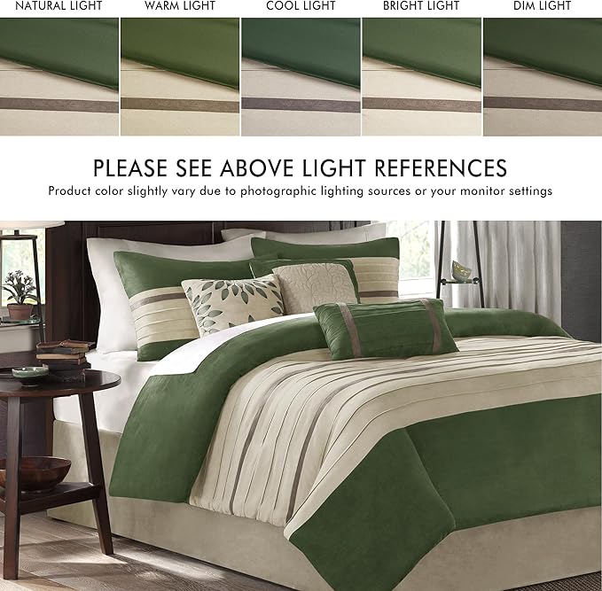 Madison Park Palmer Comforter Set-Luxury Faux Suede Design, Striped Accent, All Season Down Alternative Bedding, Matching Shams, Decorative Pillow, Bed Skirt, Queen (90 in x 90 in), Green 7 Piece