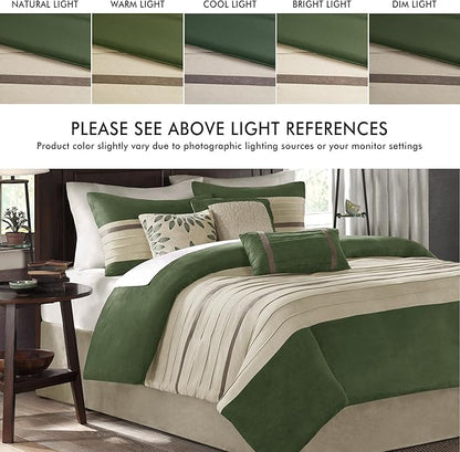 Madison Park Palmer Comforter Set-Luxury Faux Suede Design, Striped Accent, All Season Down Alternative Bedding, Matching Shams, Decorative Pillow, Bed Skirt, King (104 in x 92 in), Green 7 Piece