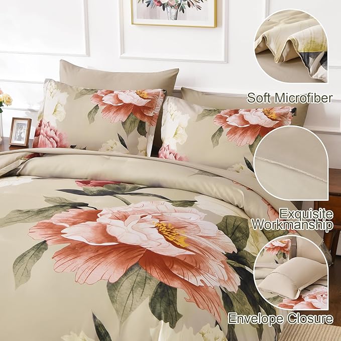 Dobuyly King Size Comforter Set 7 Piece Bed in a Bag, Pink Floral Printed on Khaki Comforter Set with Sheets, Soft Microfiber Botanical Farmhouse Bedding Set for All Season