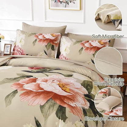 Dobuyly Queen Comforter Set 7 Piece Bed in a Bag, Pink Floral Printed on Khaki Comforter Set with Sheets, Soft Microfiber Botanical Farmhouse Bedding Set for All Season