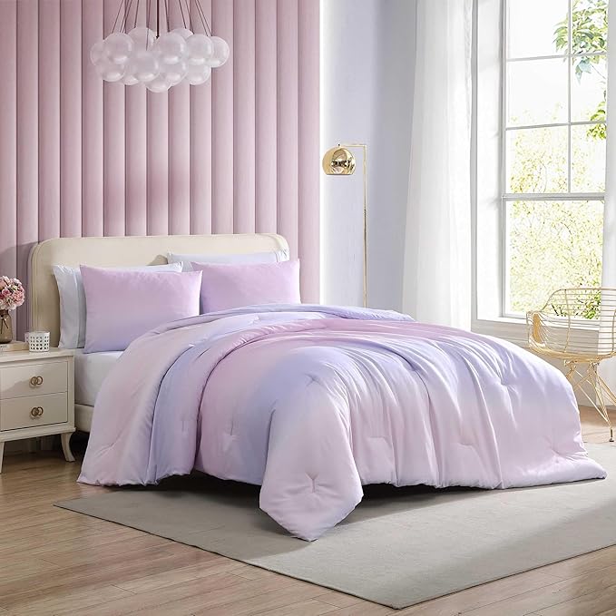 Betsey Johnson - Twin Comforter Set, Bonus Bedding Set with Matching Sham, Pillowcase & Reversible Plush Throw, Dorm Essentials (Ombre Purple)