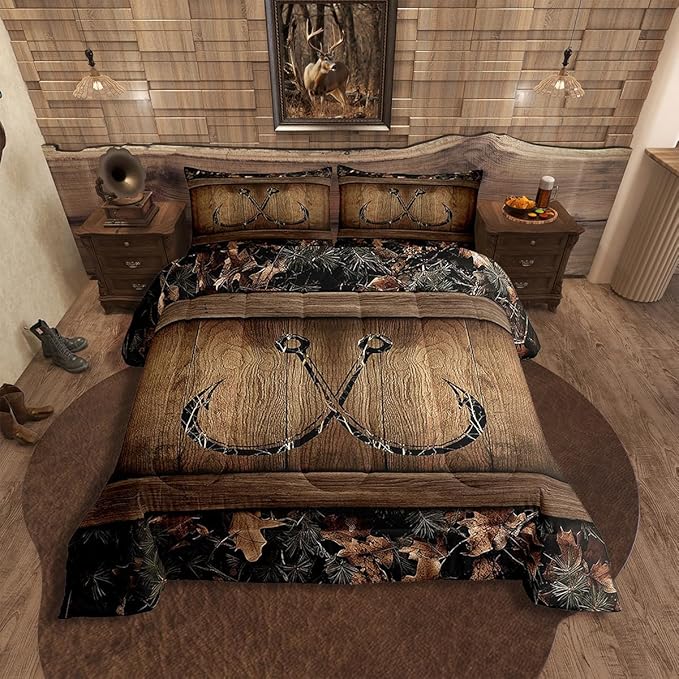 Erosebridal Rustic Lake Cabin Comforter Set Farmhouse Fishing Bedding Set Toddler Size Tree Branches Camo Fish Hook Quilt Comforter for Kids Boys Teen Men Country Camouflage Bed Duvet Set 2 Pcs