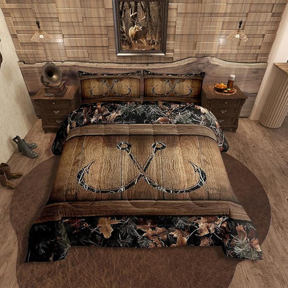 Erosebridal Rustic Lake Cabin Comforter Set Farmhouse Fishing Bedding Set Toddler Size Tree Branches Camo Fish Hook Quilt Comforter for Kids Boys Teen Men Country Camouflage Bed Duvet Set 2 Pcs