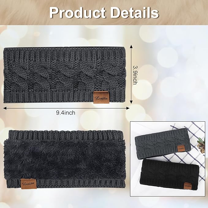 Loritta 2 Pack Headbands for Women Winter Warm Cable Knit Ear Warmer Thick Head Wrap Fuzzy Fleece Lined Gifts