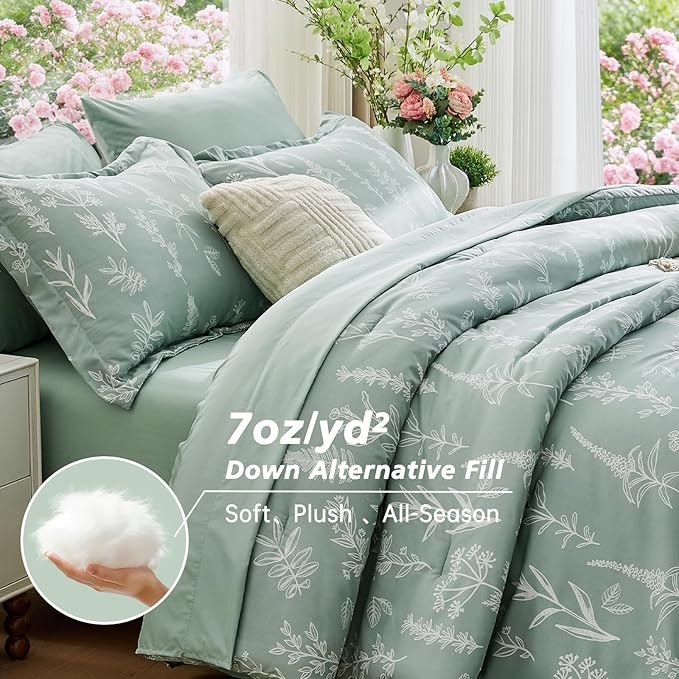 MUXHOMO Cal King Comforter Set, Sage Green Elegant Floral Print Bed in a Bag 7 Pieces, Ultra Soft & Breathable Reversible Botanical Pattern Bedding Set with Comforter, Sheets, Pillowcases, and Shams