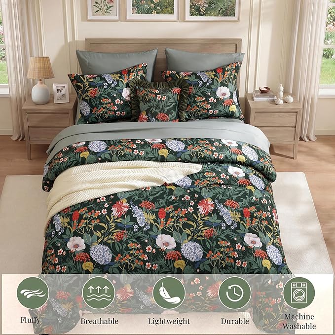 CASAAGUSTO King Size Comforter Set-7 Pieces Green Botanical Floral Bedding, Flowers Printed Design King Bed in a Bag with Botanical Flowers Comforter, Sheets, Pillowcases & Shams