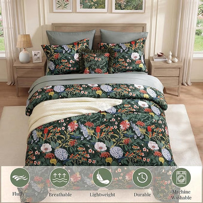 CASAAGUSTO Queen Comforter Set-7 Pieces Green Botanical Floral Bedding, Flowers Printed Design Queen Bed in a Bag with Botanical Flowers Comforter, Sheets, Pillowcases & Shams