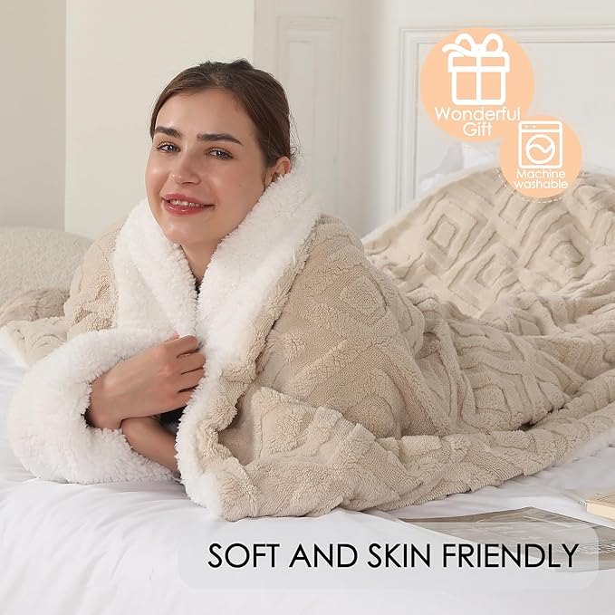 Electric Heated Blanket, 3D Patterned Diamond Grid, Twin Size Sherpa Super Cozy Heated Blanket with 5 Heating Levels & 10 Hours Auto Off, Light Khaki