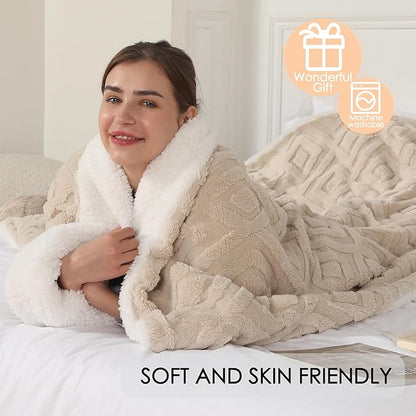 Electric Heated Blanket, 3D Patterned Diamond Grid, Twin Size Sherpa Super Cozy Heated Blanket with 5 Heating Levels & 10 Hours Auto Off, Light Khaki