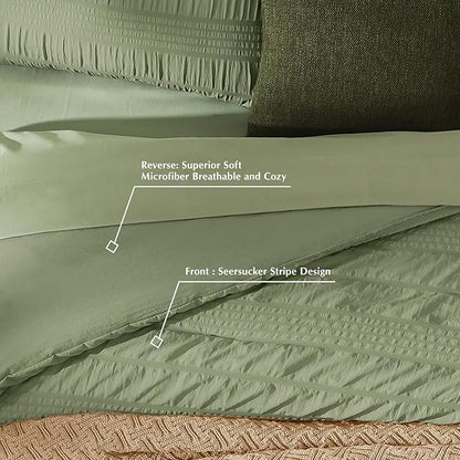 CASAAGUSTO King Size Comforter Set, 7 Pieces Olive Green Seersucker Bed in a Bag King Soft All Seasons, King Bedding Sets with Comforter, Flat Sheet, Fitted Sheet, 2 Pillow Shams, 2 Pillowcases