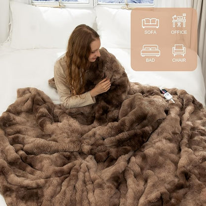 Faux Fur Twin Electric Blanket 62"X84" - Bubble Faux Fur Heated Blanket Fluffy Soft Fuzzy with 6 Fast Heating Levels & 10 hrs Timer Settings, Washable & ETL Certified for Office Bed, Tie-Dye Brown
