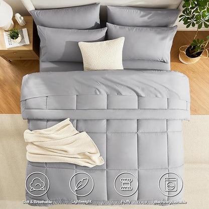 CozyLux Queen Comforter Set Grey, 7 Pieces Bed in a Bag, Gray Comforter Queen Size, All Season Bedding Sets with Stitch Quilted Comforter, Flat Sheet, Fitted Sheet, Pillowcases