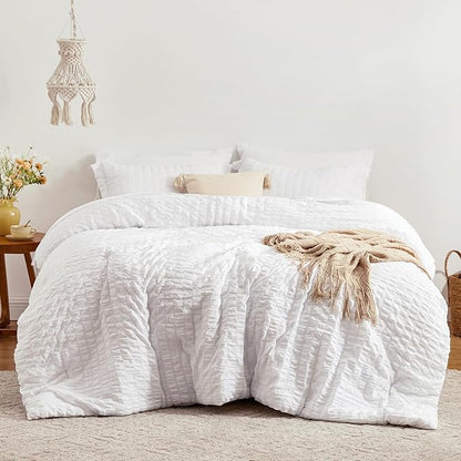 Love's cabin Seersucker White California King Comforter Set, 7-Piece All Season Lightweight Bed in a Bag Bedding Set with Comforter, Flat Sheet, Fitted Sheet, Pillowcases and Shams | Soft, Breathable, Lightweight