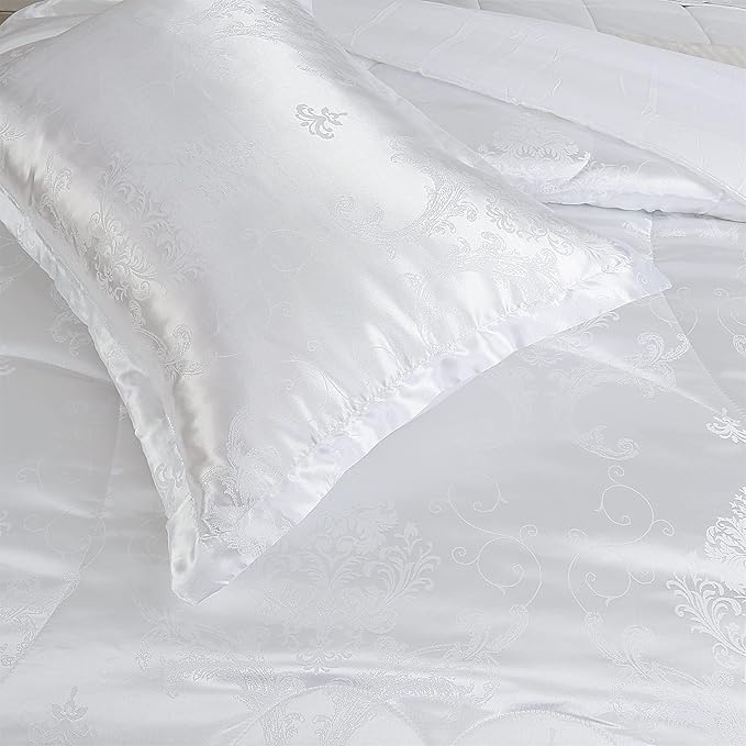White Comforter, All Season Silk Twin Comforter, Classical Jacquard Lightweight Bedding Comforter Sets, 3 Pieces Ultra Soft Microfiber Quilt Matching 2 Pillow Shams, Twin/Twin XL