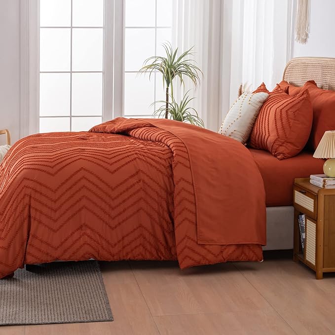 Litanika Queen Comforter Set with Sheets Burnt Orange - 7 Pieces Bed in a Bag Queen Boho Complete Bedding Sets Terracotta Rust Lightweight Bed Set with Comforter, Sheets, Pillowcases & Shams