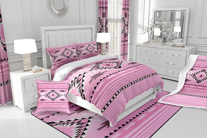Feelyou Pink Boho Western Bedding Set Toddler Size Kids Southwest Native Tribal Comforter for Boys Girls Teens Geometric Comforter Set Soft Microfiber West Room Decor