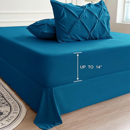 Maple&Stone Queen Teal Comforter Set 7 Pieces Pinch Pleat Bed in A Bag, Flat Sheet, Fitted Sheet, Pillowcases, Pillow Shams, Comforter