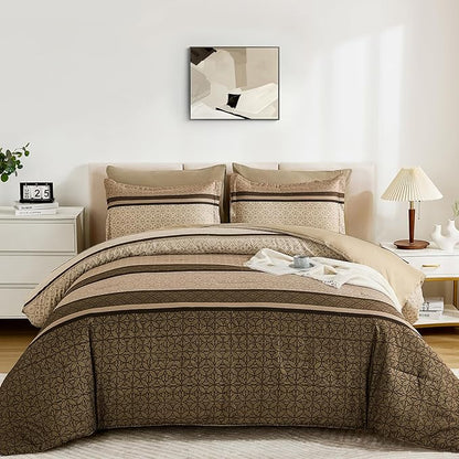 WONGS BEDDING Comforter Set Full Size, Brown Striped 7 Pieces Bed in a Bag Comforter and Sheet Set, Minimalist Geometric Soft Lightweight Micorfiber Bedding Set for All Season (78"×90")