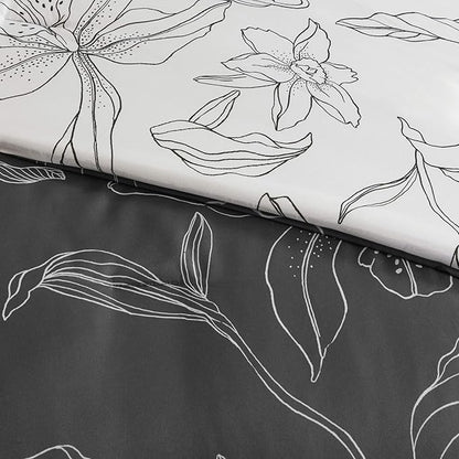 Madison Park Essentials Cozy Bed In A Bag Comforter with Complete Cotton Sheet Set - Trendy Floral Design All Season Cover, Decorative Pillow, Full(78"x86"), White/Charcoal 9 Piece