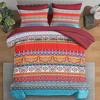 Comforter Set King Size, Vintage Paisley Leaf Floral 7 Pcs Bedding for Kids and Adults, Ethnic Geometric Flower Bed Sheet Sets with Fitted Sheet 2 Pillowcases & 2 Shams