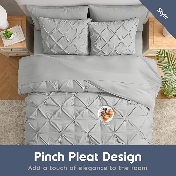 Nestl King Size Comforter Set 7 Pieces - Pinch Pleated Comforter Set Light Grey, Bed in a Bag, All Season Bed Set, Bedding Set with Flat Sheet, Fitted Sheet, Pillowcases and Shams