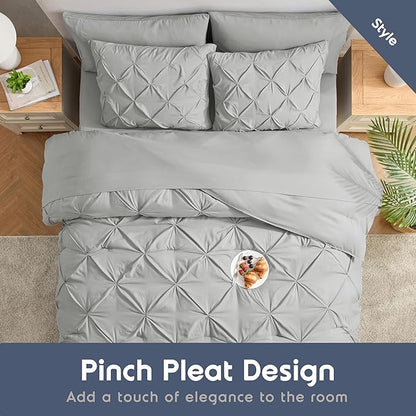 Nestl King Size Comforter Set 7 Pieces - Pinch Pleated Comforter Set Light Grey, Bed in a Bag, All Season Bed Set, Bedding Set with Flat Sheet, Fitted Sheet, Pillowcases and Shams