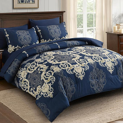 Mybedsoul Blue Gold Queen Comforter Set, 7 Pieces Boho Bed in a Bag for Queen Bed, Damask Comforter with Sheets Pillowcases, Soft Microfiber Lightweight Bedding Sets for All Season(90"x90")