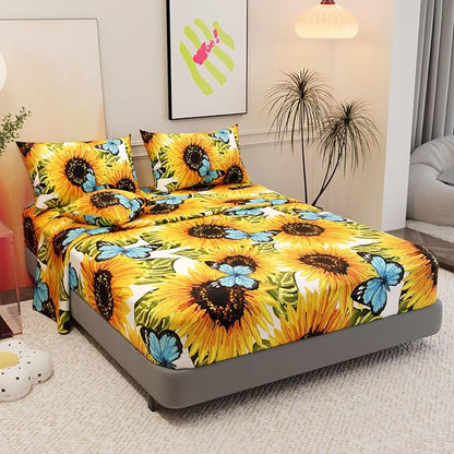 6 Pieces Sunflower Comforter Sets,3D Pattern with Sunflower Blue Butterflies,Decorative 6 Piece Bedding Sets with Comforter,Flat Sheet,Fitted Sheet,Throw Pillow Cover,Pillow Shams,King Size