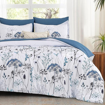 Yiran 7 Piece Blue Dandelion Botanical Comforter Set Queen Size, Floral Plant Comforter Bedding Set, Bed in a Bag Queen, Soft Microfiber Complete Bedding Set with Sheets for All Season