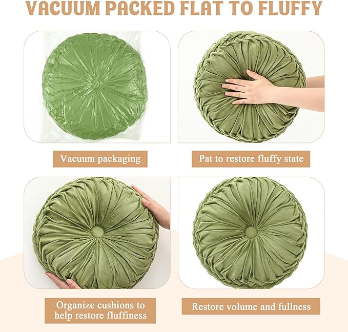 2 Pcs Round Throw Pillows Decorative Velvet Pleated Throw Pillows 15'' Diameter Accent Pumpkin Boho Chair Cushion for Couch Sofa Chair Bed Home Decoration (Olive)