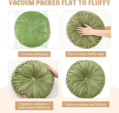 2 Pcs Round Throw Pillows Decorative Velvet Pleated Throw Pillows 15'' Diameter Accent Pumpkin Boho Chair Cushion for Couch Sofa Chair Bed Home Decoration (Olive)