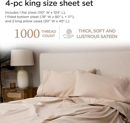 Threadmill Supima King Size Sheets, 1000 Thread Count, 4 Piece American Luxury Bed Sheets for King Mattress, 5 Star Hotel Quality Cotton Sheets with Elasticized Extra Deep Pocket, Beige
