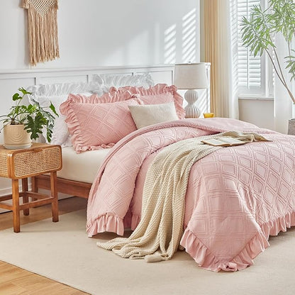 Tufted Grids Ruffle Comforter Set Full/Queen Size, 3 Pieces Blush Pink Vintage Farmhouse Shabby Chic Comforters, Jacquard Boho Bohemian Bedding Set for All Season (1 Ruffled Comforter+ 2 Pillow Shams)